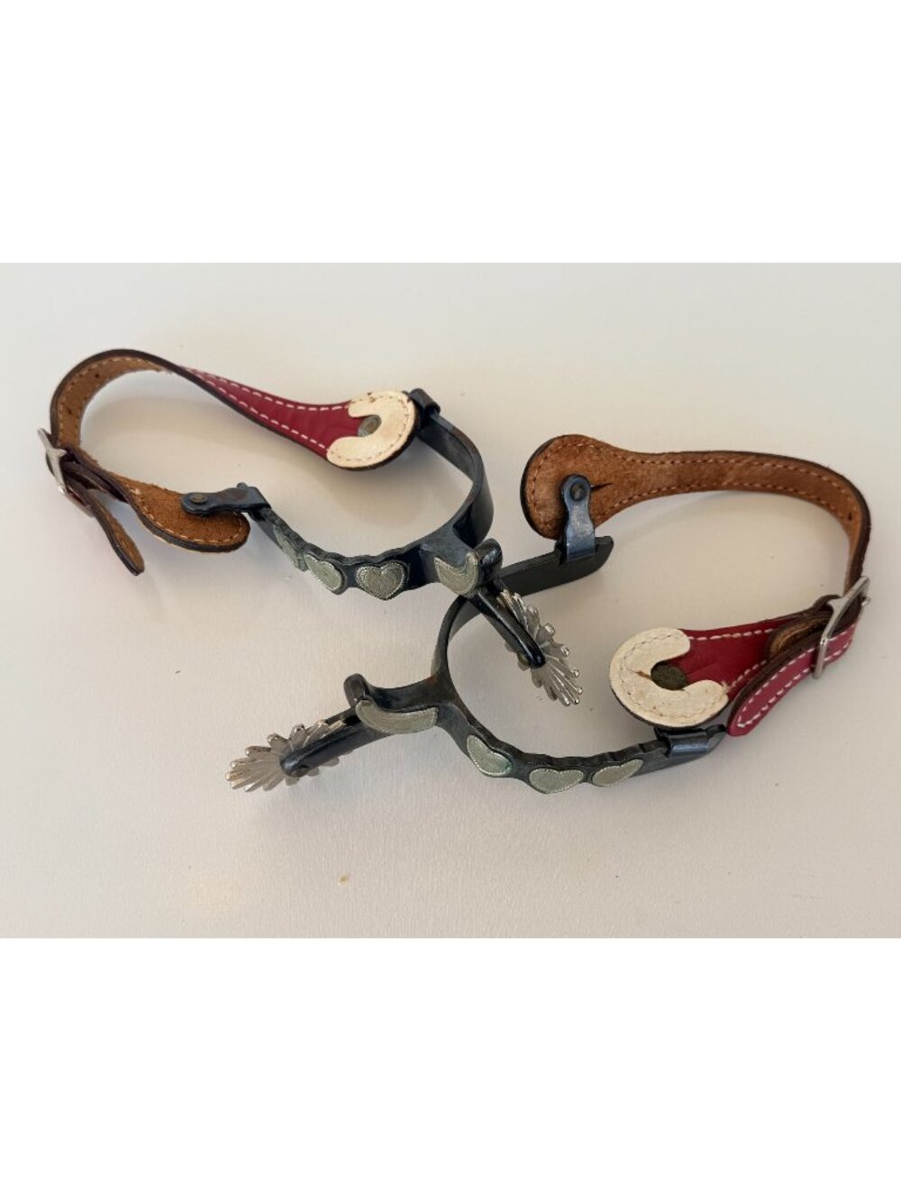 Vintage Western Riding Spurs – Silver Overlay Hearts & Scrolls, Leather Straps
